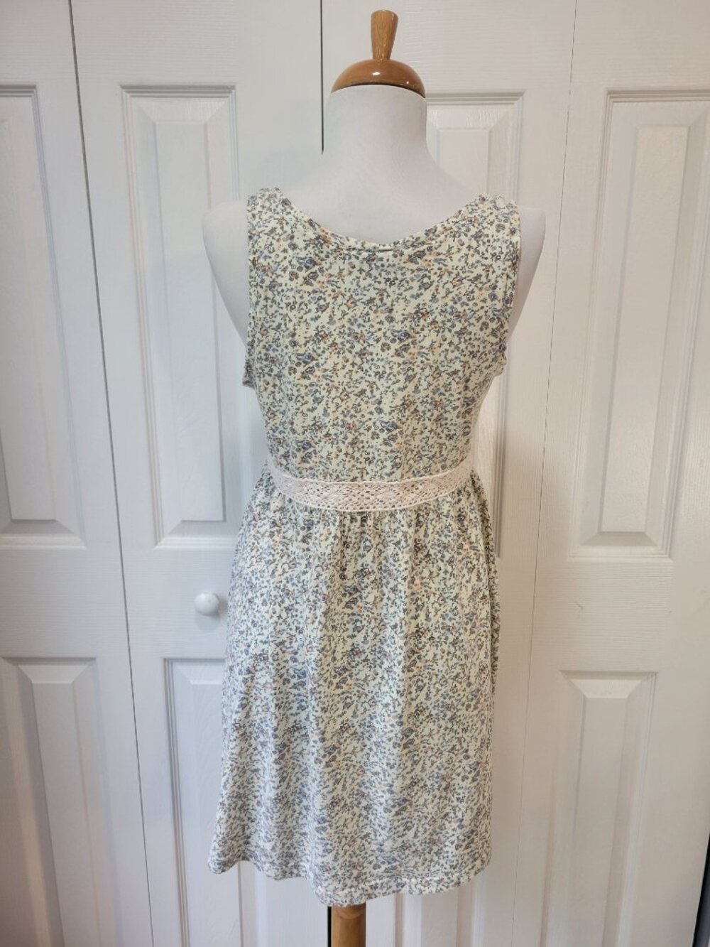H&M Cream Pink Floral Sleeveless Crochet Lace Waist Babydoll Mini Dress sz S EUC - Picture 3 of 7